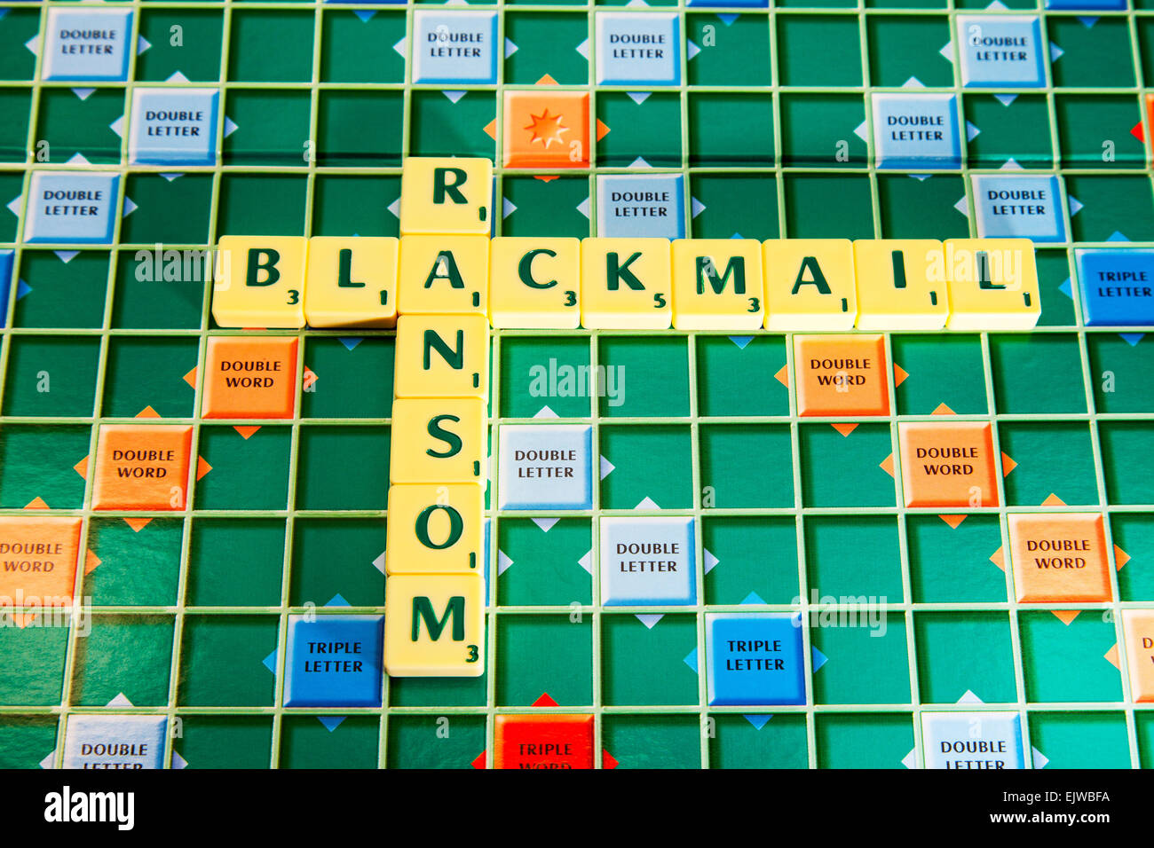 blackmail ransom money extortion extort fraud scare criminal tactics tactic words using scrabble tiles to illustrate spelling Stock Photo