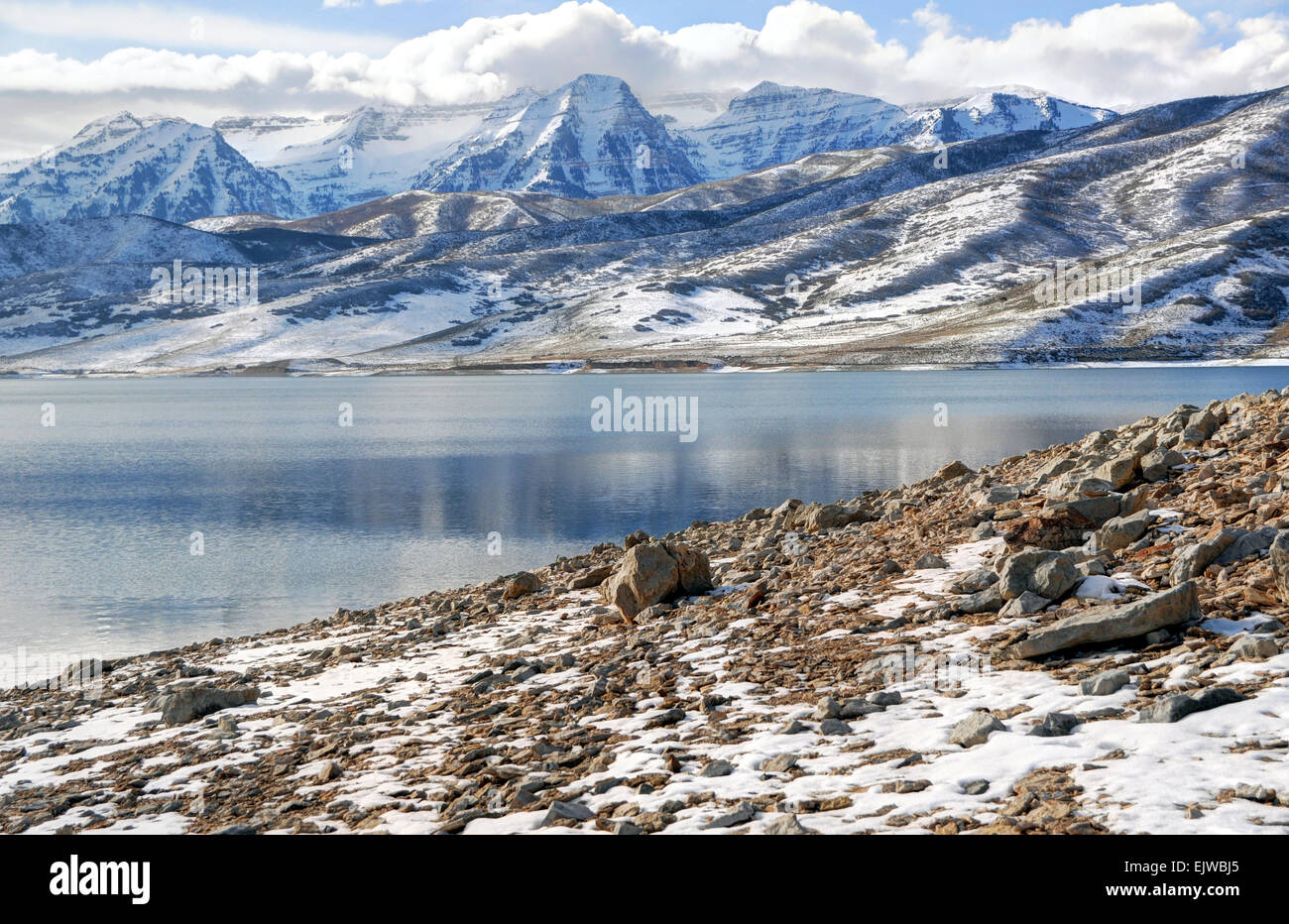 Mt Timpanogos in Winter, Reflected in Deer Creek Reservoir - Utah Stock Photo