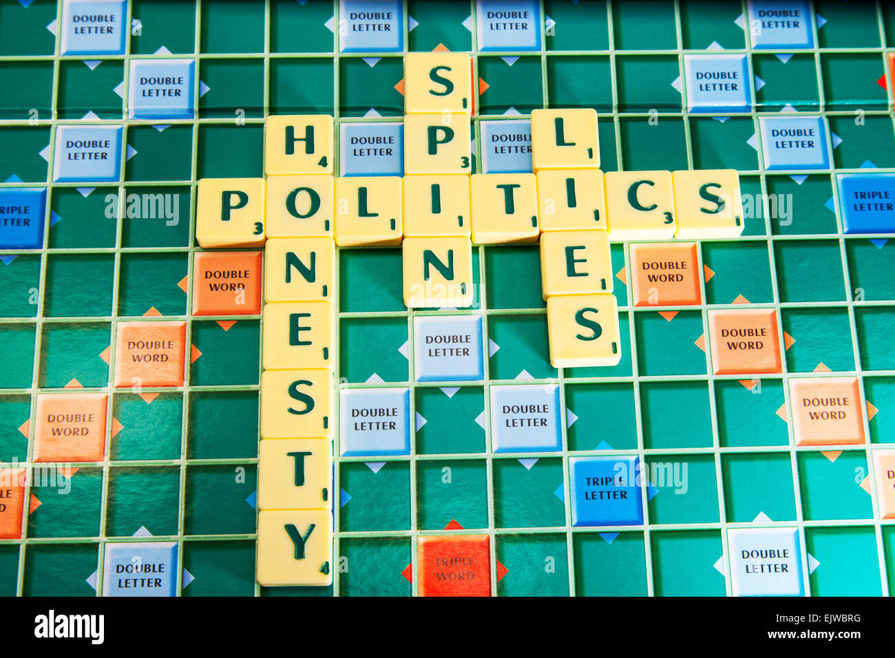 Politics honesty spin lies politicians government election honest lier's words using scrabble tiles to spell out Stock Photo