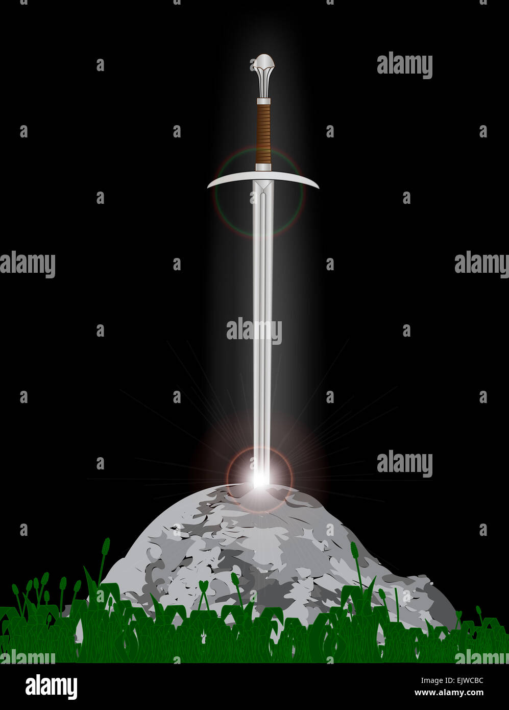 Excalibur King Arthur's sword in the stone with the heavenly light Stock Photo