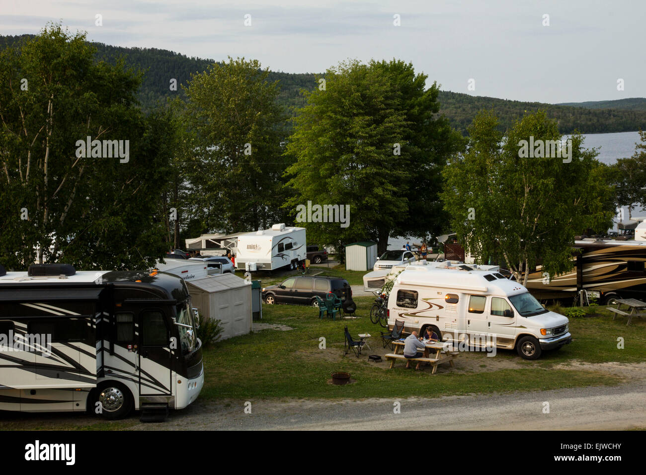Camping Temilac has more than 100 full-service RV sites on the shores of Lake Temiscouata in Cabano, Bas-Saint-Laurent. Stock Photo