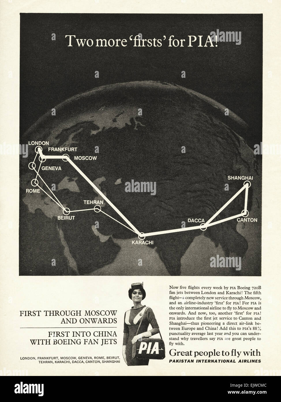 1960s advertisement magazine advert for PIA Pakistan International Airlines dated 1964 Stock Photo