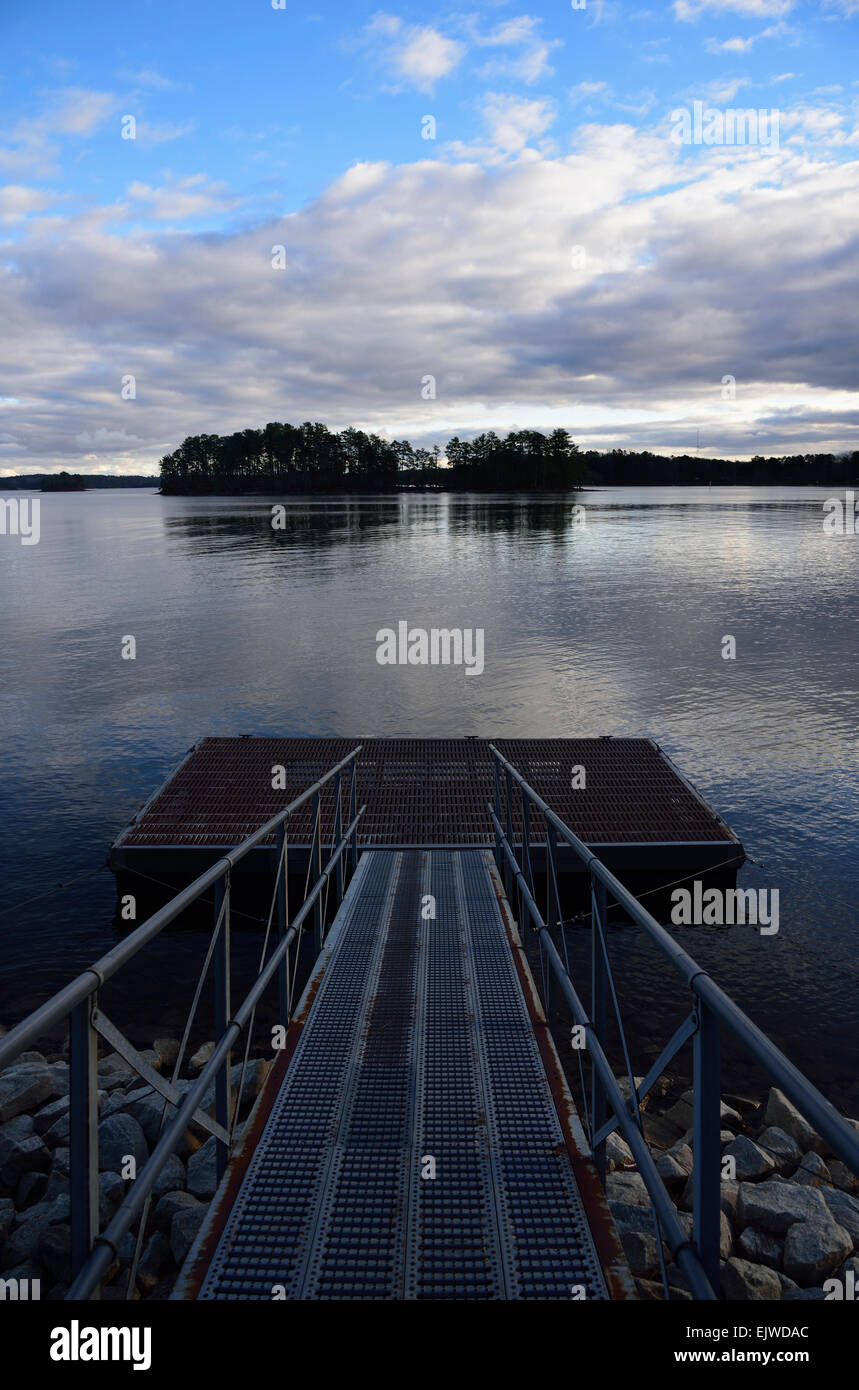 USA, Georgia, Lake Lanier, Lake and symmetrical view of metal jetty Stock Photo