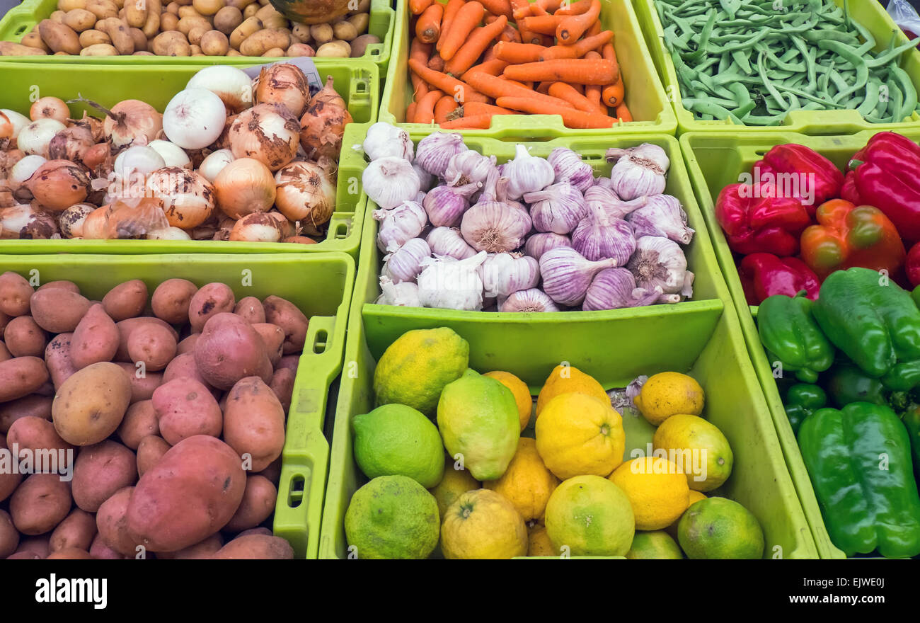 Different vegetables and fruits for sale at a market Stock Photo - Alamy