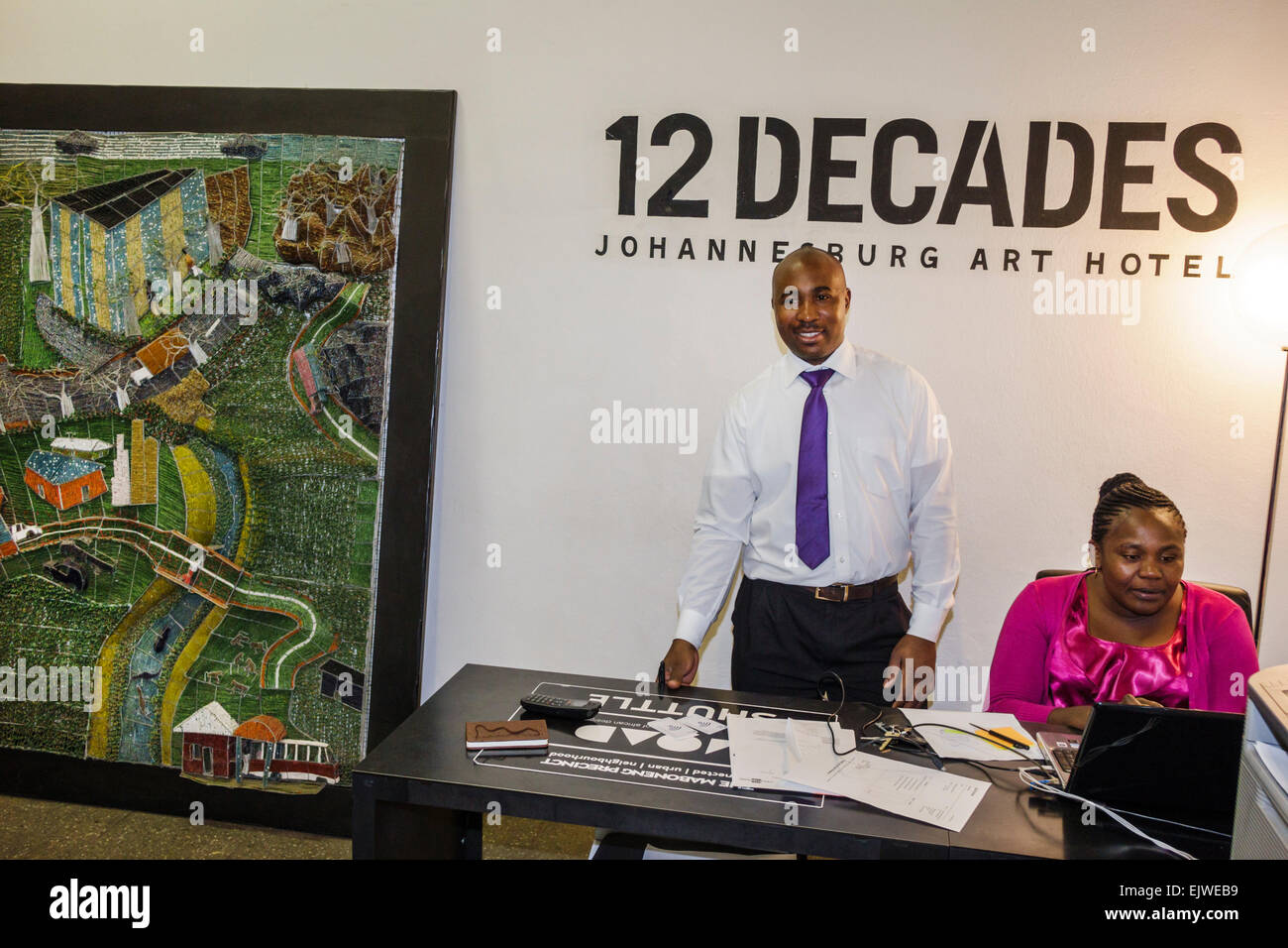 Johannesburg South Africa,Maboneng District,Arts on Main,Fox Street,gentrified urban neighborhood,Art,hotel,lobby,Black man men male,woman female wome Stock Photo