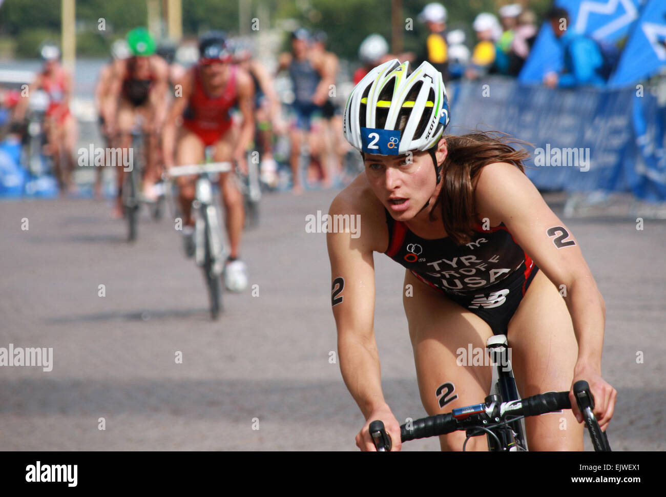 STOCKHOLM - AUG 23: Sarah Groff in the lead of the Women's ITU World Triathlon series event August 23, 2014 in Stockholm, Sweden Stock Photo