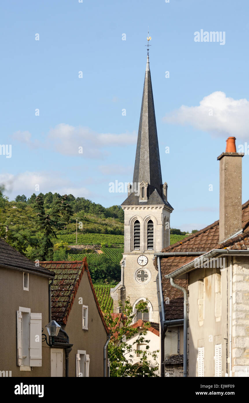 The bell tower of the 19th century church of Notre Dame du Rosaire in Santenay, Côte-dOr, Burgundy, France. Stock Photo