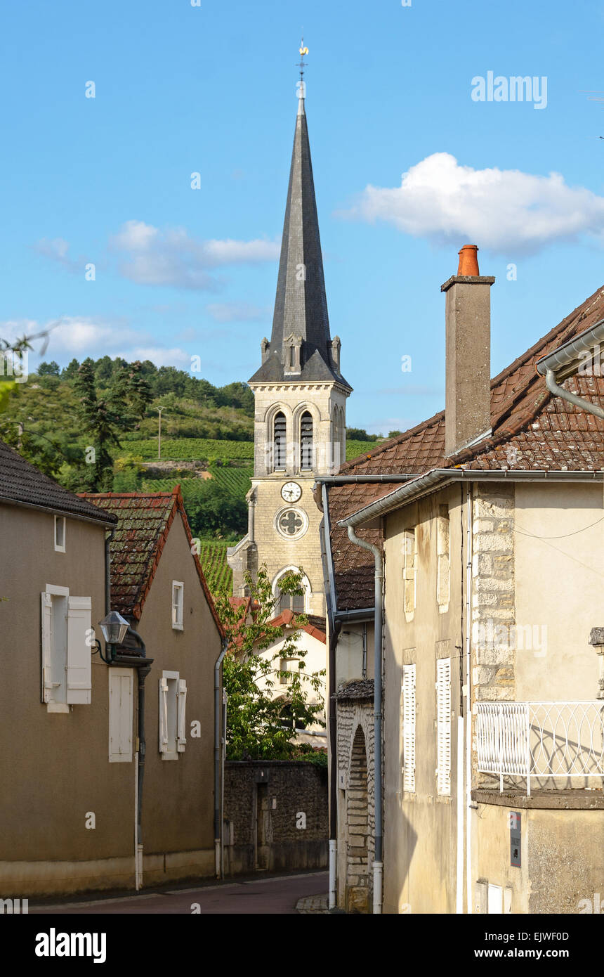 The bell tower of the 19th century Notre Dame du Rosaire in Santenay, Côte-dOr, Burgundy, France. Stock Photo