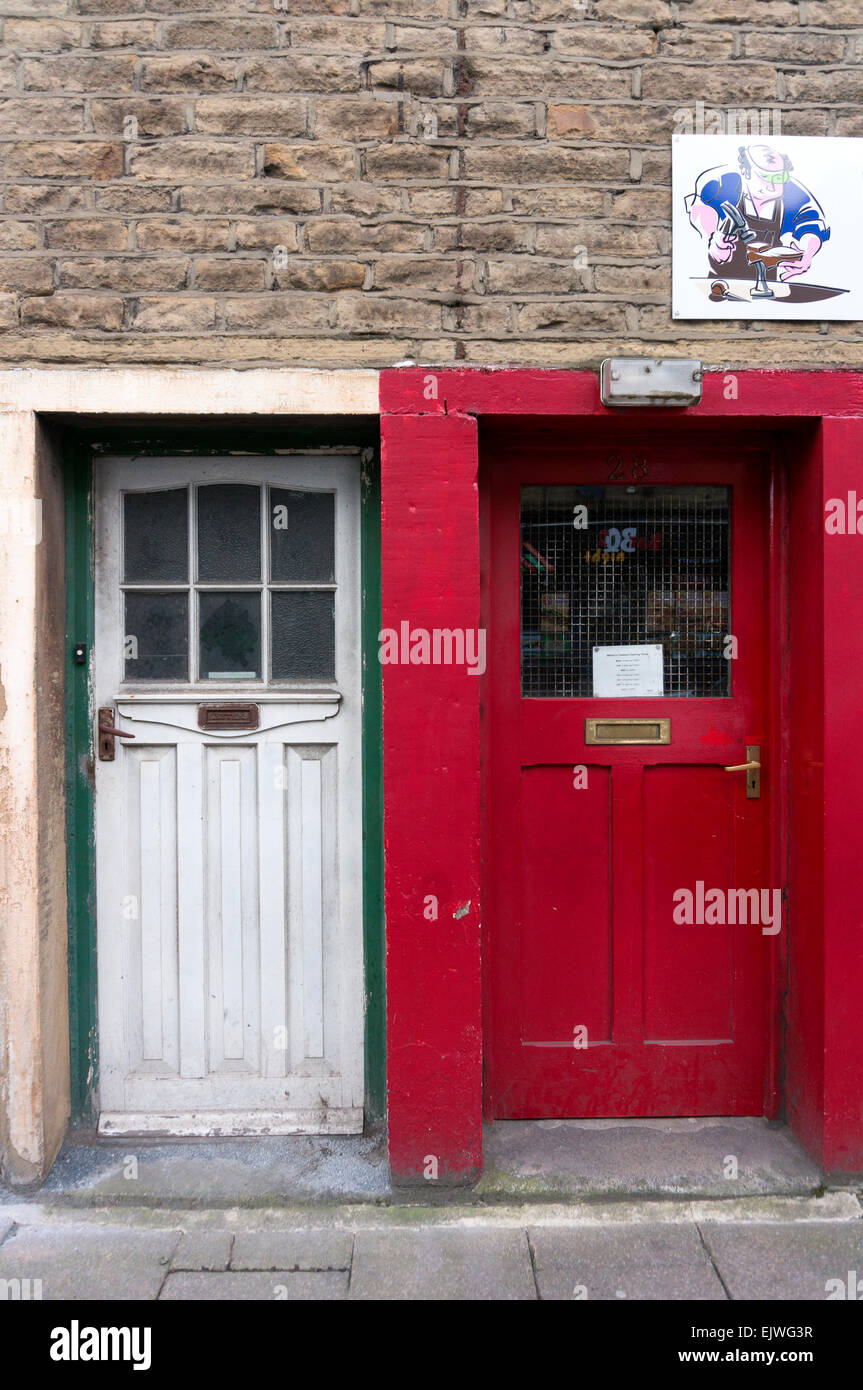 Doorways in the main street, Sowerby Bridge, West Yorkshire Stock Photo