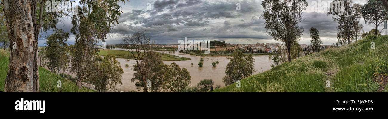 Overview of Guadiana river in Badajoz. Panoramic shot, Spain.  Swelling of the river Stock Photo