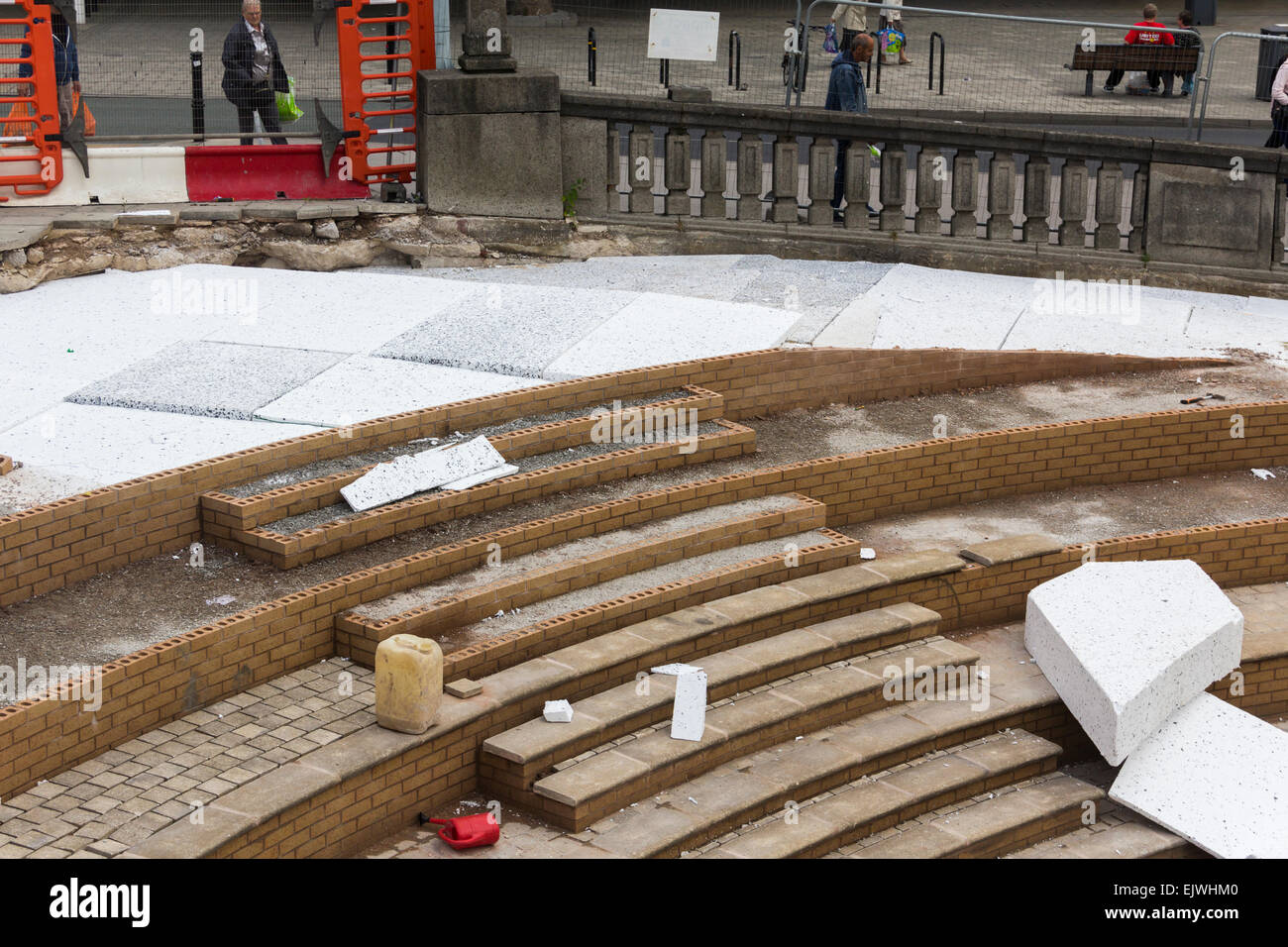 Geofoam expanded polystyrene blocks being used as a fill material in the construction of stepped plaza in Stockport town centre. Stock Photo