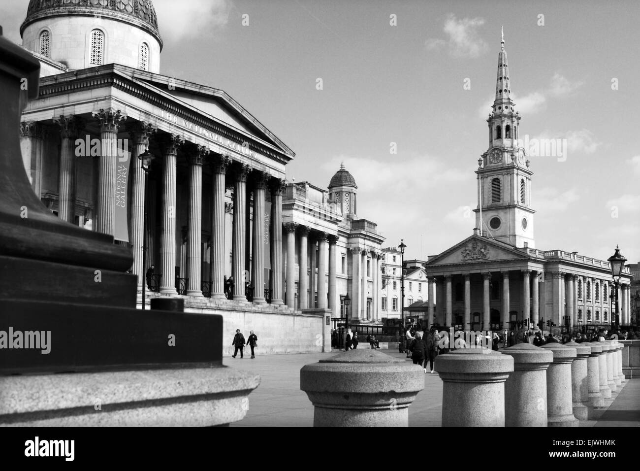 A view of Trafalgar Square, including The National Gallery and St Martin In The Fields church. Stock Photo