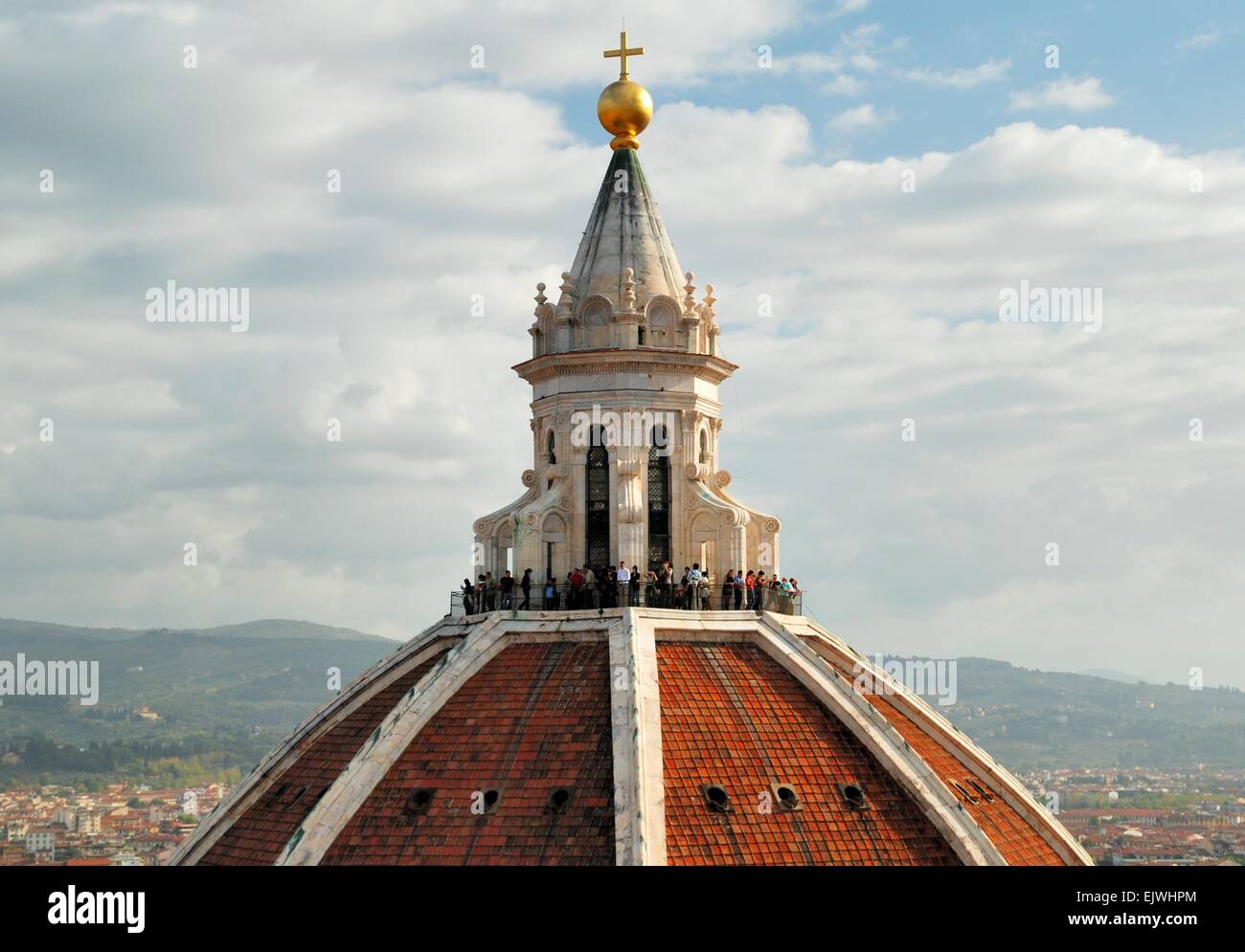 People on the on top of the dome of Santa Maria del Fiore Cathedral by Filippo Brunelleschi in Florence, Italy. Stock Photo