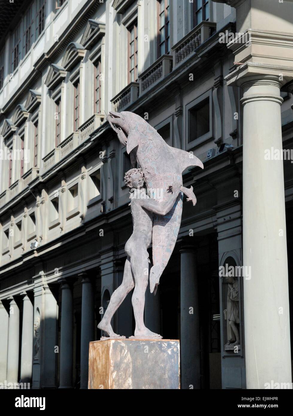 The dolphin boy statue outside the Uffizi Gallery in Florence, Italy