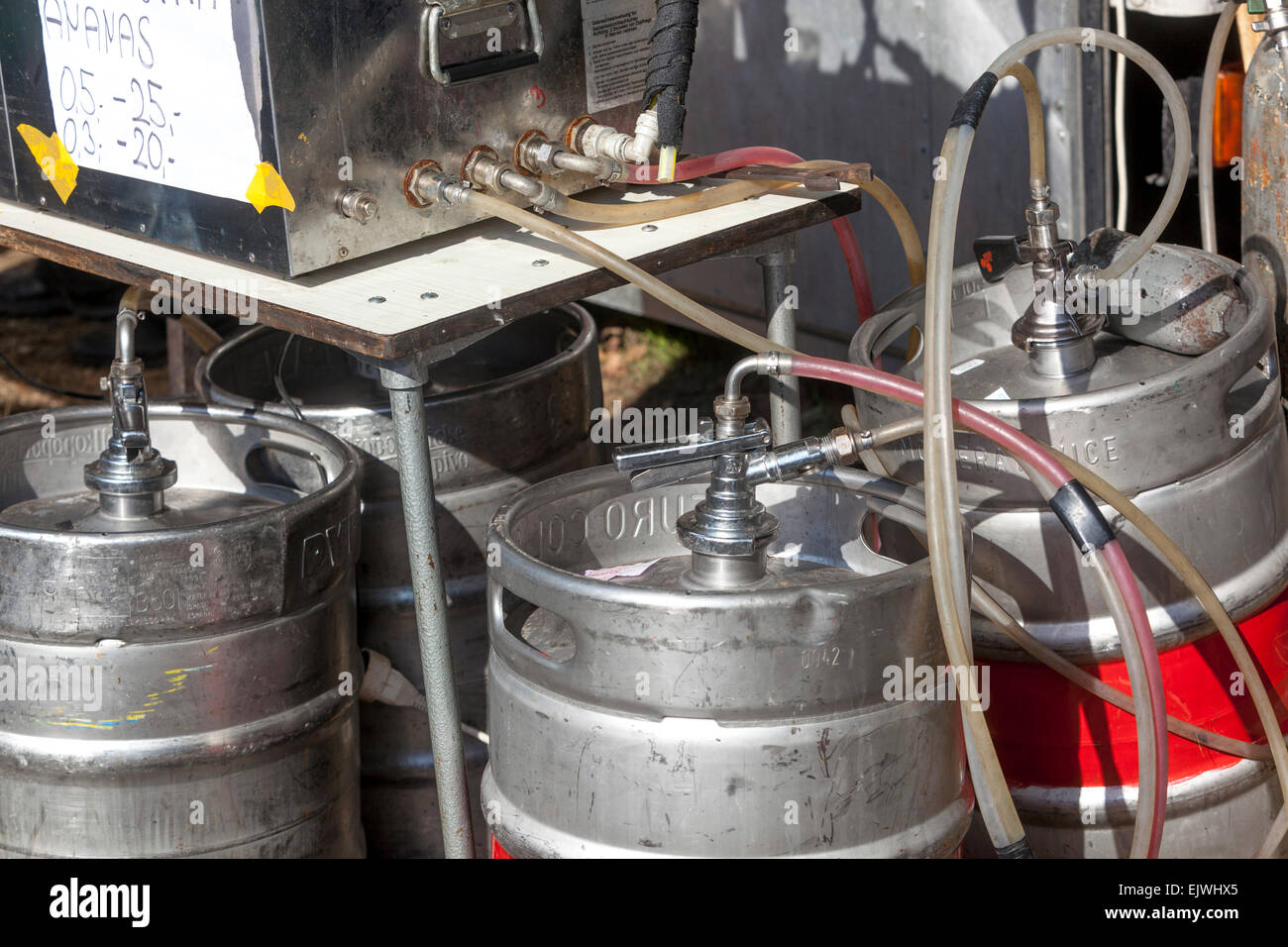 Beer kegs equipment installation on garden party Stock Photo