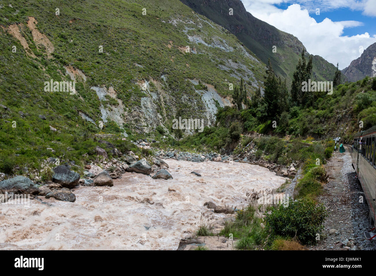 Peru.  Urubamba River Seen from Inca Rail Train en Route to Machu Picchu. Stock Photo