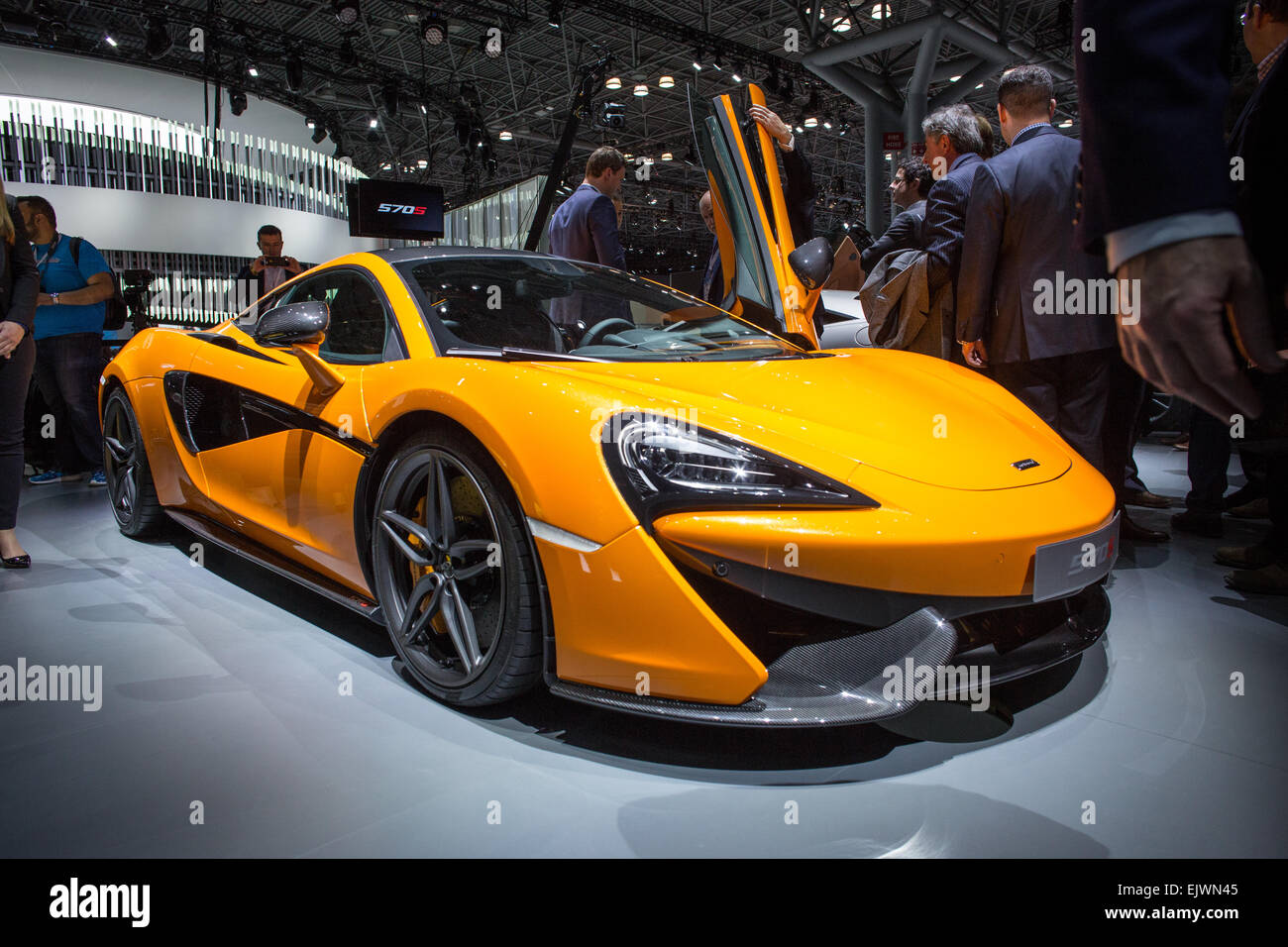 New York, NY - 1 April 2015. British carmaker McLaren unveiled its entry-level 570S mid-engine sportscar at the New York International Auto Show. Boasting 562hp, the car seems to look to comete with the Porsche 911 S Turbo. Credit:  Ed Lefkowicz/Alamy Live News Stock Photo