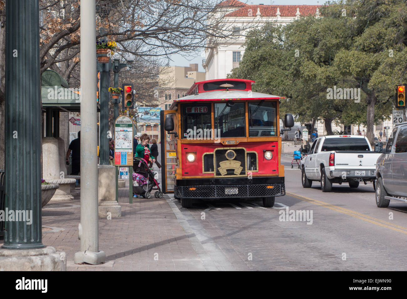 Red vintage trolley downtown San Antonio Stock Photo Alamy