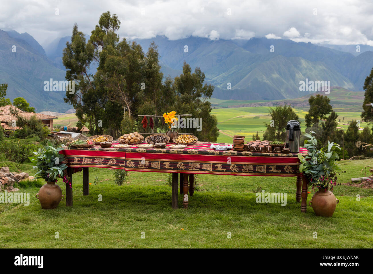 Peru, Urubamba Valley, Quechua Village of Misminay.  Cultural Tourism.  Villagers Display Local Agricultural  Products. Stock Photo