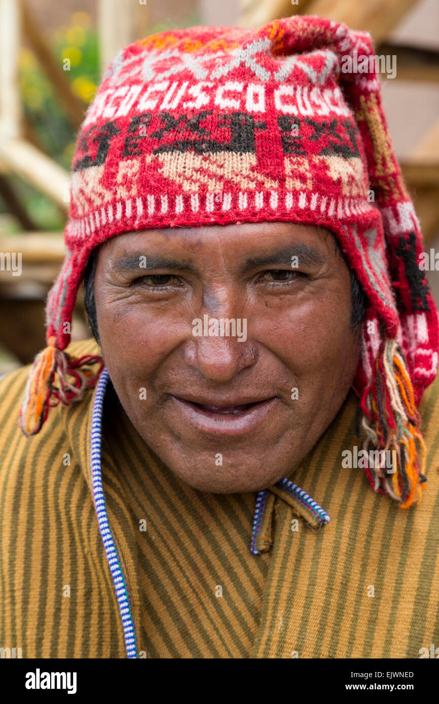 Peru, Urubamba Valley, Quechua Village of Misminay.  Man Wearing a Traditional Hat. Stock Photo