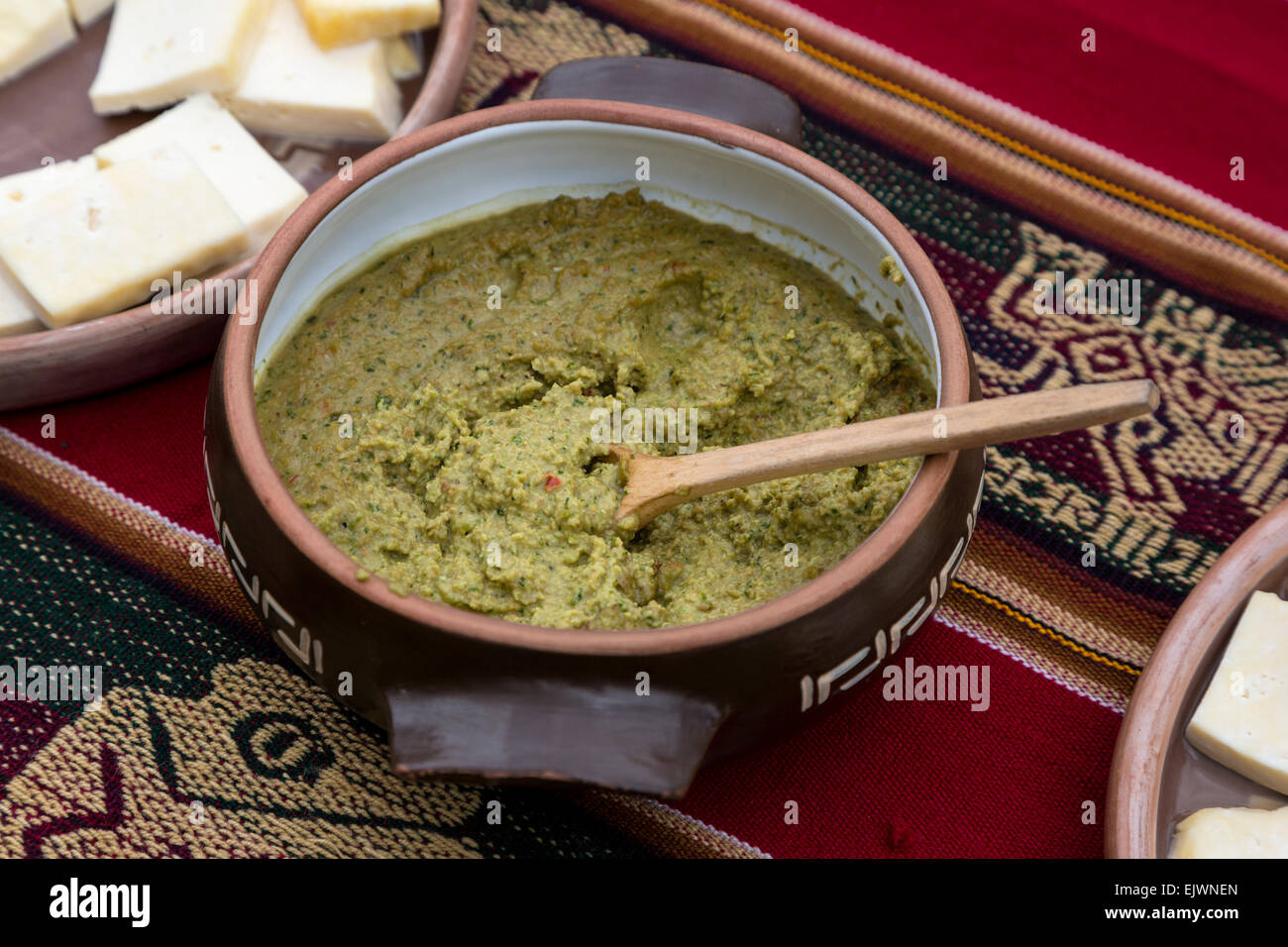 Peru, Urubamba Valley, Quechua Village, Misminay.  Huacatay, a salsa or paste eaten on bread or chips, used in Peruvian cooking. Stock Photo