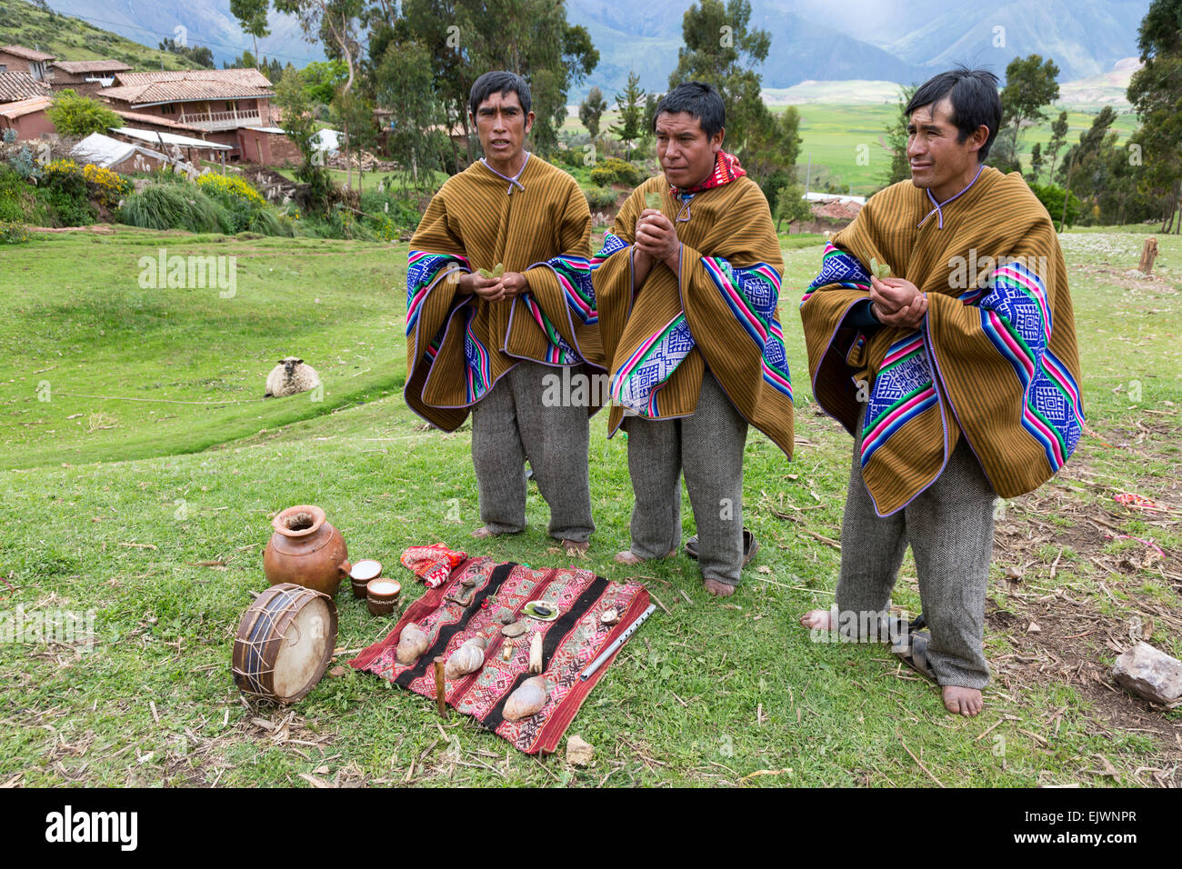 Peru, Urubamba Valley, Quechua Village of Misminay.  Village Men Performing a Welcoming Ceremony with Coca Leaves for Guests. Stock Photo