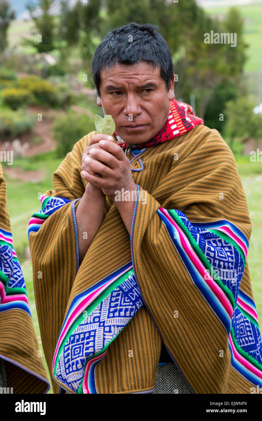 Peru, Urubamba Valley, Quechua Village of Misminay.  Village Man Performing a Welcoming Ceremony for Guests, with Coca leaves. Stock Photo
