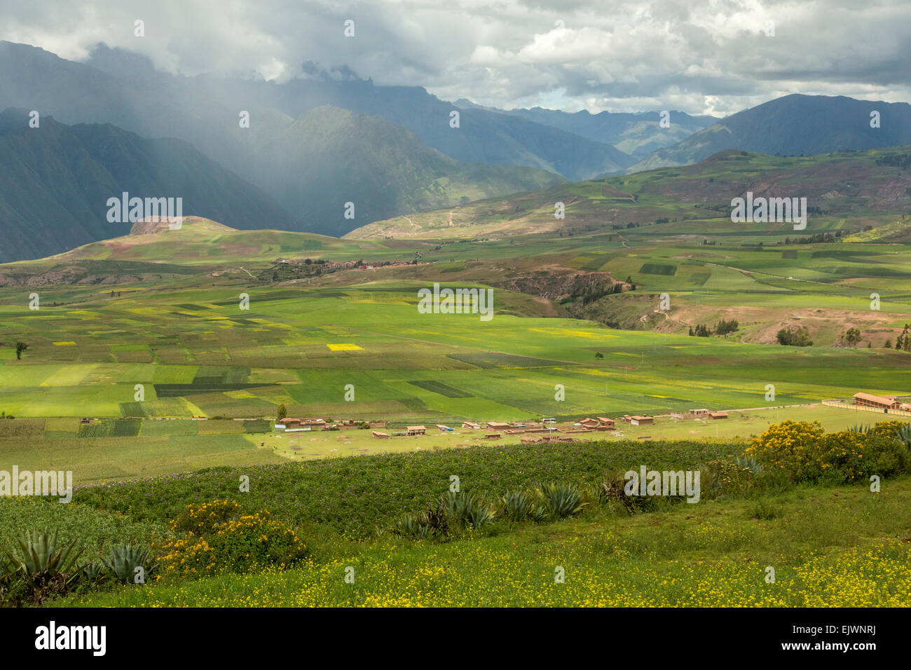 Peru, Moray, Urubamba Valley, looking toward the Andes. Stock Photo
