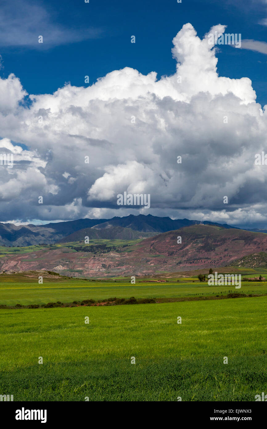 Peru, Moray, Urubamba Valley.   Farmland, Andes Foothills in Background. Stock Photo