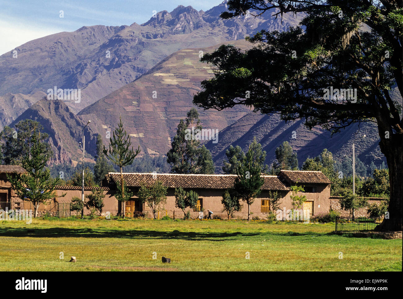Peru, Yucay.  Agricultural Terraces on Hills behind the Town. Stock Photo