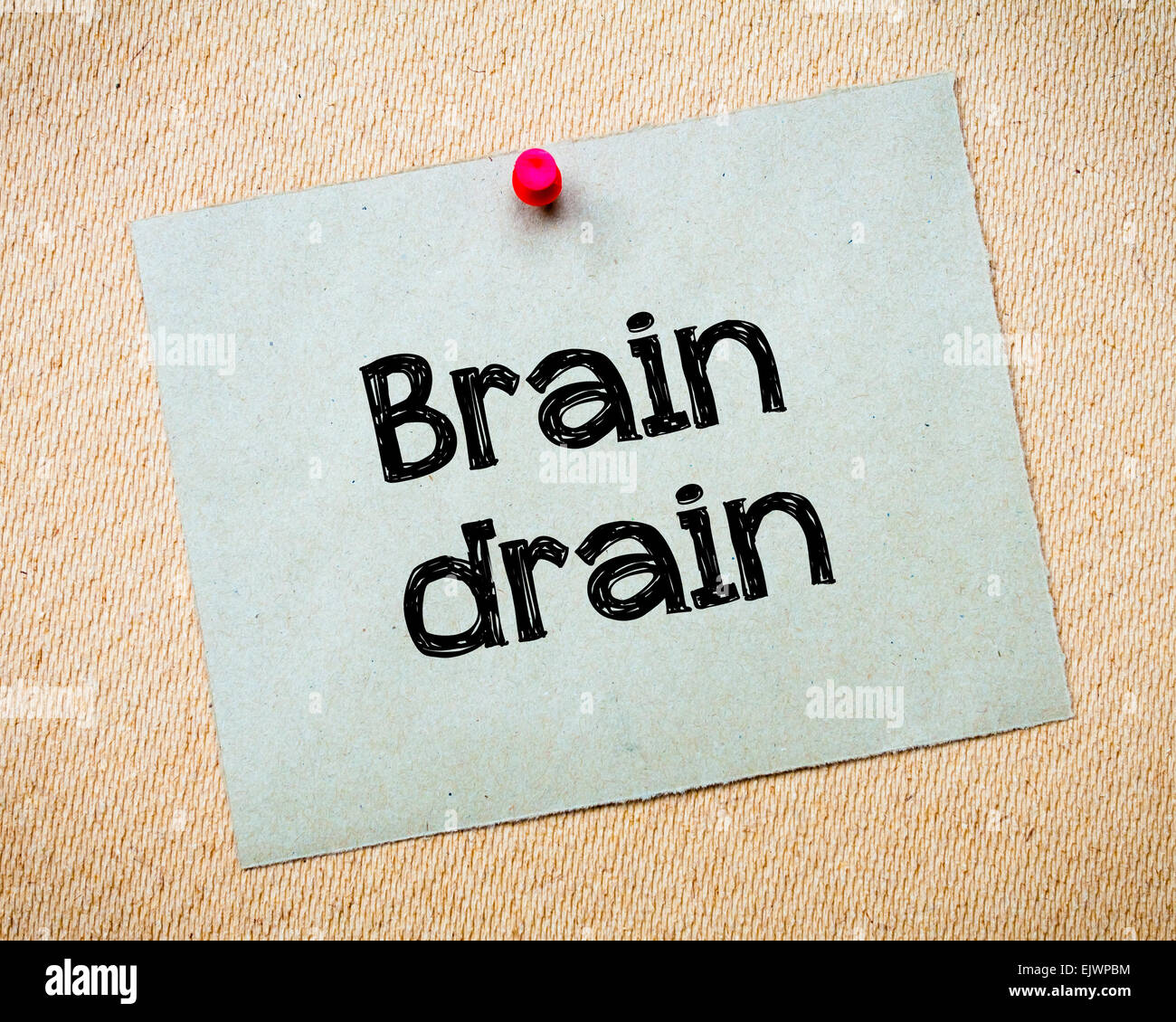 Brain drain Message. Recycled paper note pinned on cork board. Concept ...