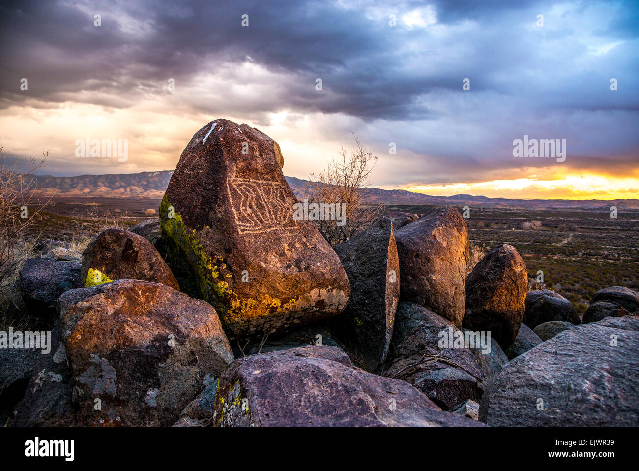 Three Rivers Petroglyph Site, near Carrizozo, New Mexico contains 21,000 petroglyphs carved into rock and a prehistoric village. Stock Photo