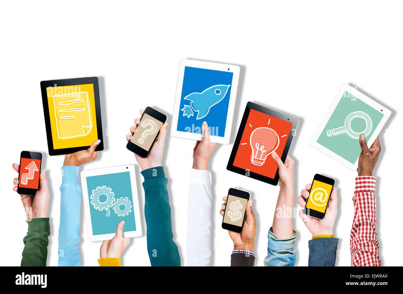 Hands Holding Digital Devices with Various Symbols Stock Photo - Alamy
