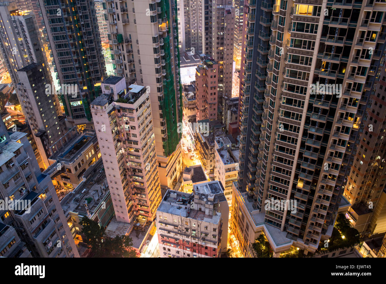 From rooftop of 32 floor building looking down on Wan Chai Hong Kong. Stock Photo