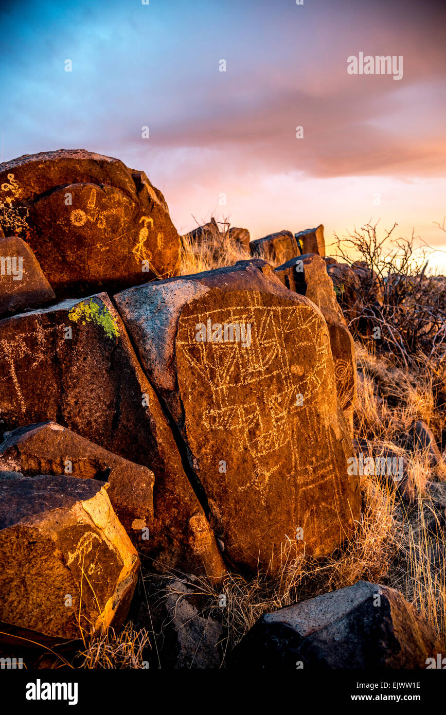 Three Rivers Petroglyph Site, near Carrizozo, New Mexico contains 21,000 petroglyphs carved into rock and a prehistoric village. Stock Photo