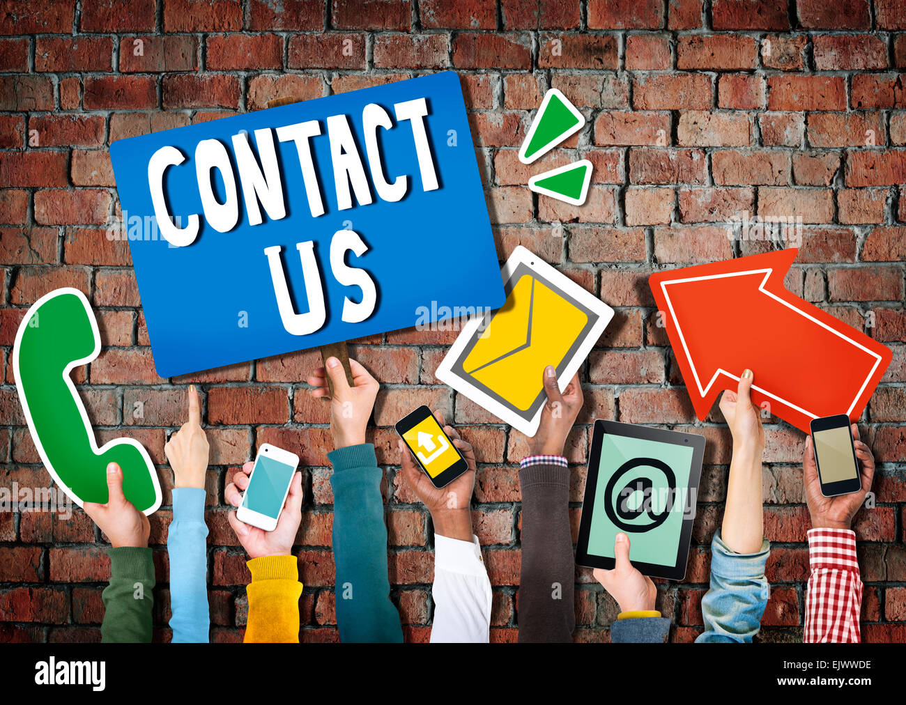 Hands Holding Digital Devices and Symbols Contact Us Stock Photo - Alamy