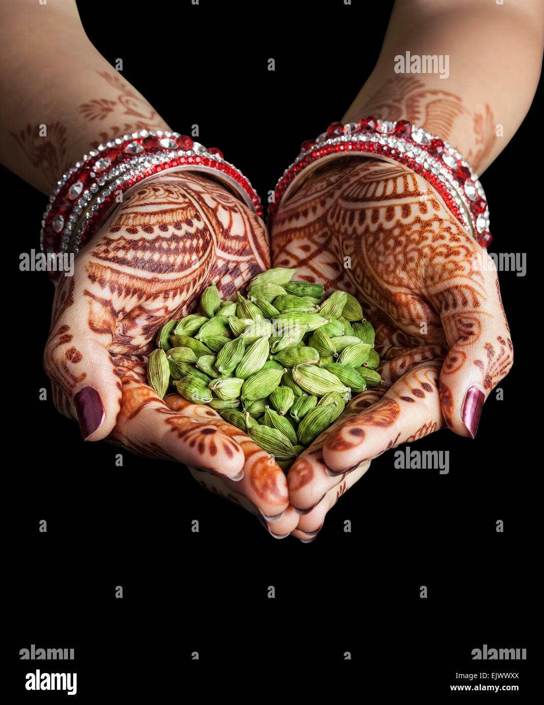 Woman hands with henna holding green cardamom spices isolated on black background with clipping path Stock Photo