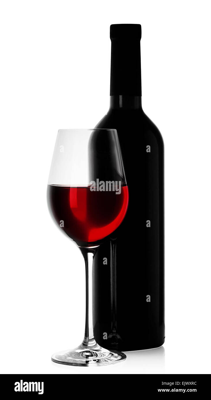 Bottle of red wine with a full glass isolated on white background Stock ...