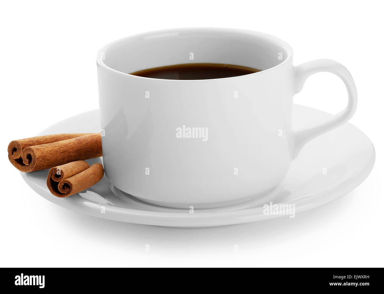 Cup of black coffee with cinnamon sticks isolated on white background