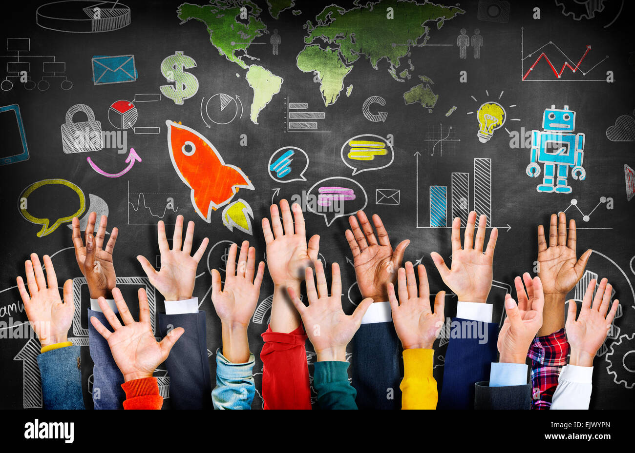 Group of Diverse Colorful Hands Raised with Symbols Stock Photo - Alamy