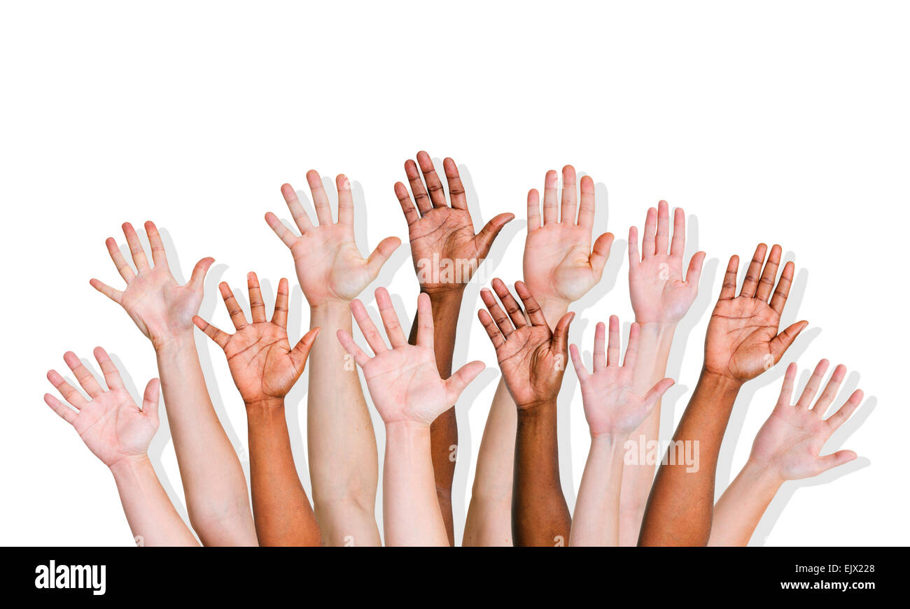 Group of human arms raised. Stock Photo
