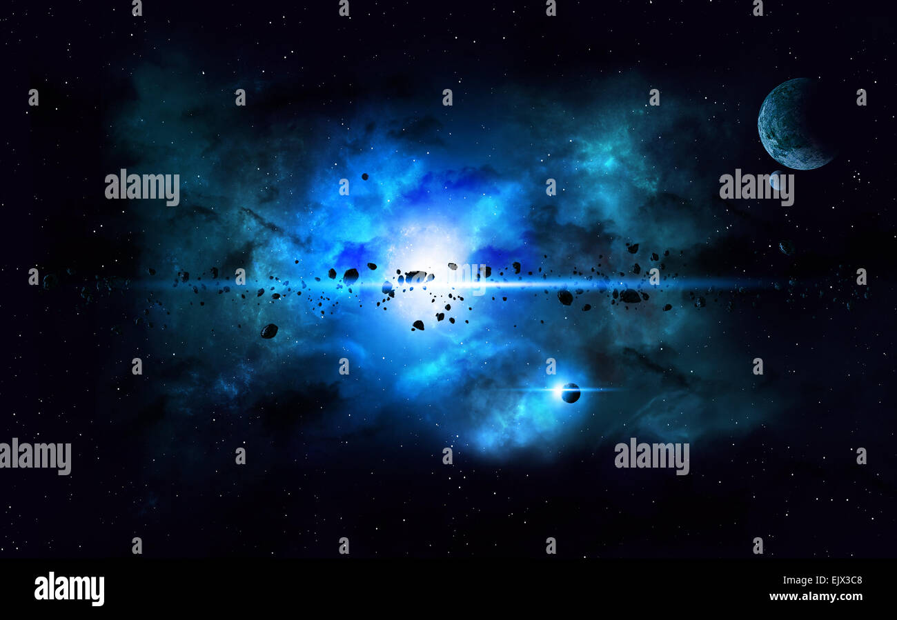 abstract imaginary deep space nebula background with planets and asteroids Stock Photo