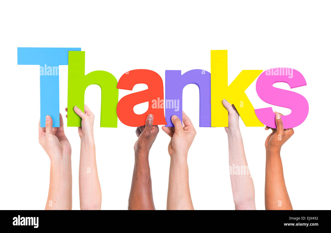 Multiethnic Group of Hands Holding Thanks Stock Photo