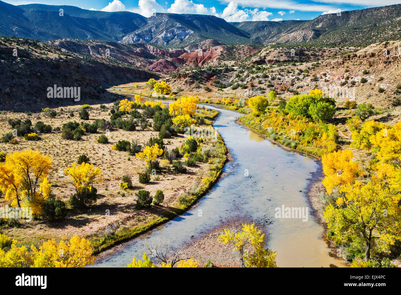 The Chama River flows through the vilage of Abiquiu in northern New Mexico and is near both Pedernal peak and Ghost Ranch. Stock Photo