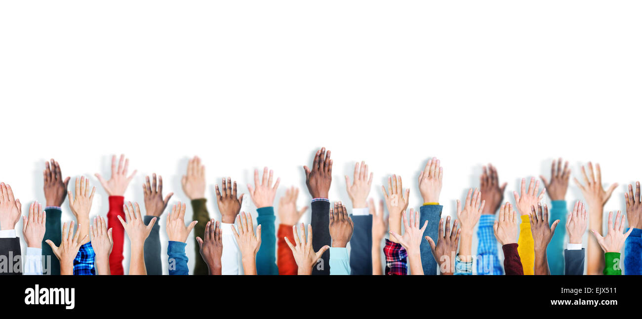 Multiethnic Group of Hands Raised Stock Photo - Alamy