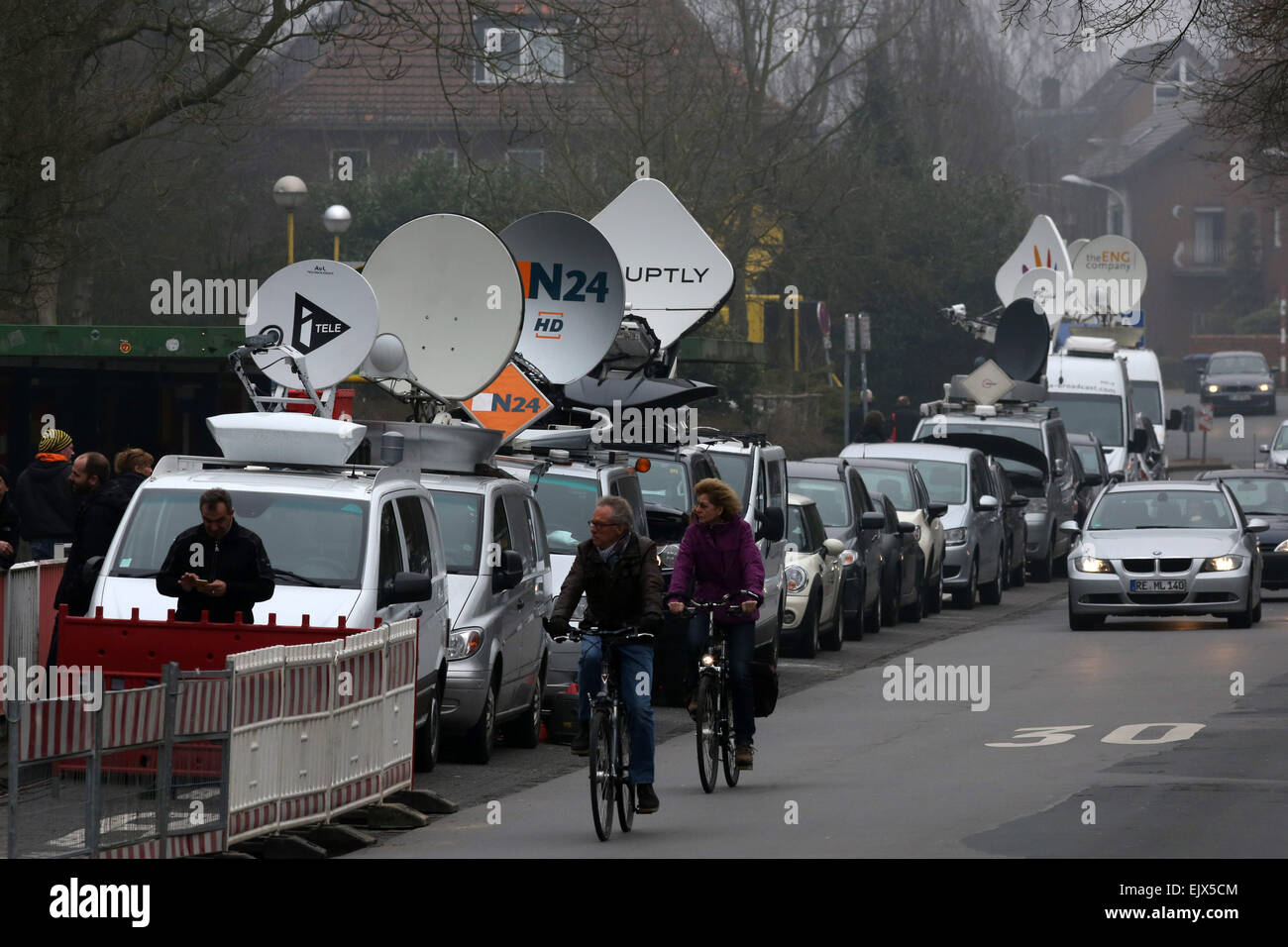 Long line of mobile television stations at a school in Haltern/Germany, from where pupils died on Germanwings flight 4U9525 that crashed in southern France Stock Photo