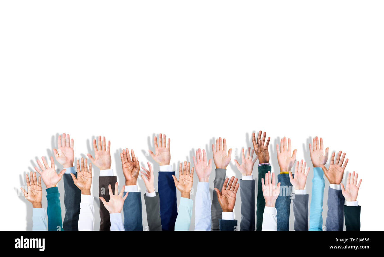 Multiethnic Group of Business Hands Raised Stock Photo - Alamy