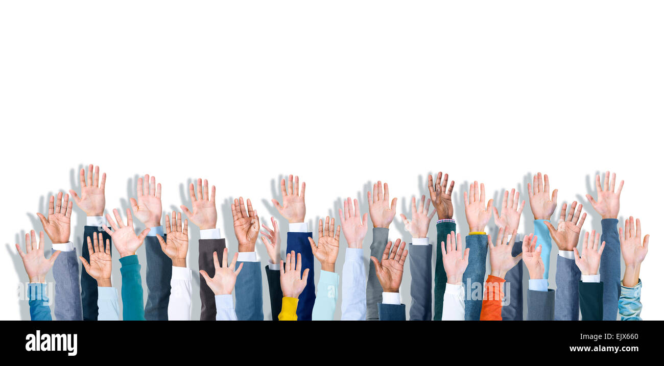 Multiethnic Group of Business Hands Raised Stock Photo - Alamy