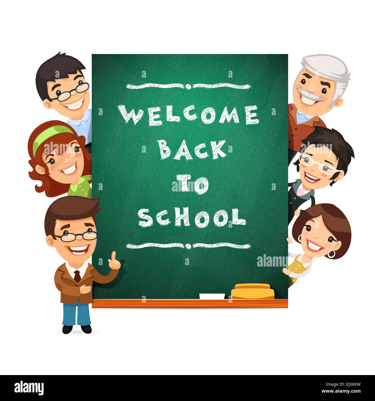 Teacher Points to the Blackboard with Welcome Back to School Phr Stock Photo