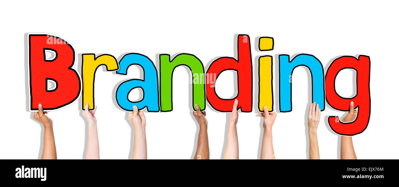 Diverse Hands Holding the Word Branding Stock Photo